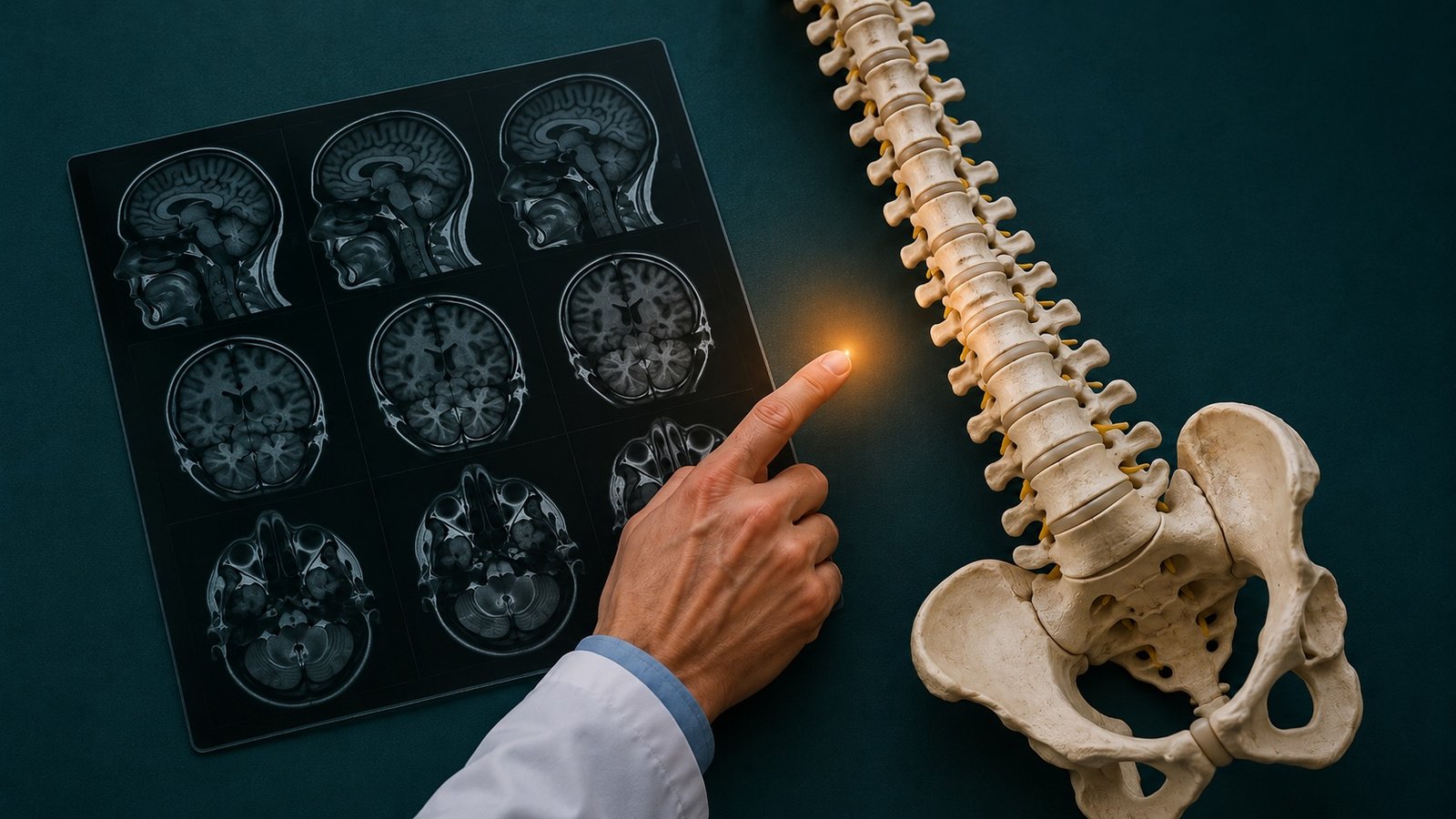 Spine anatomy and medical imaging illustrating spine and spinal cord assessment