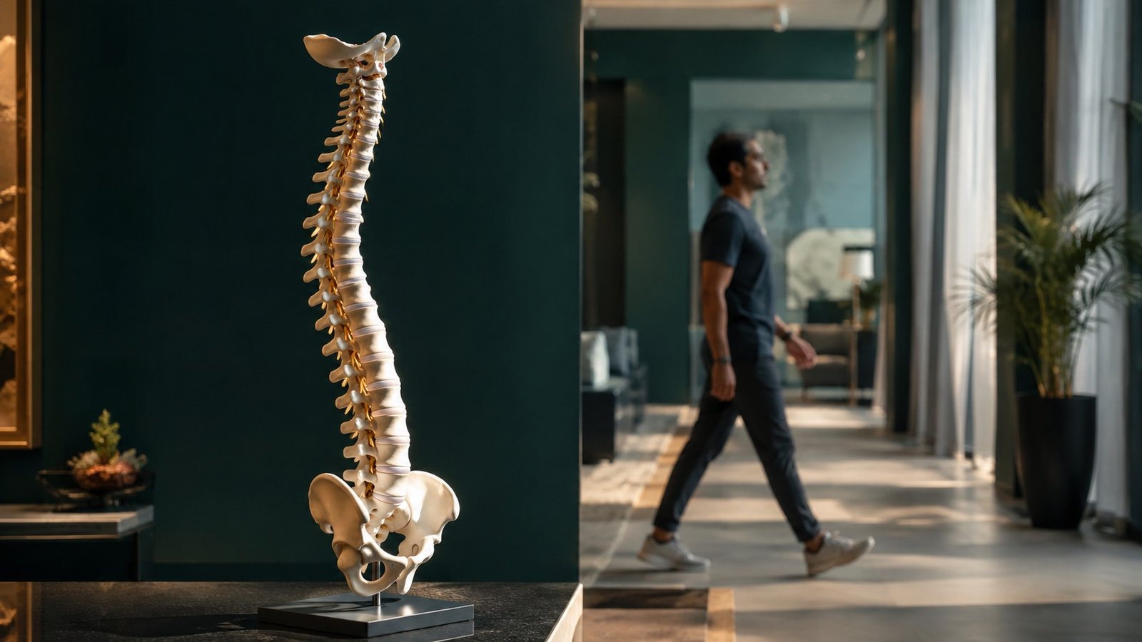 Spine model and a person walking, representing everyday spine health and movement habits