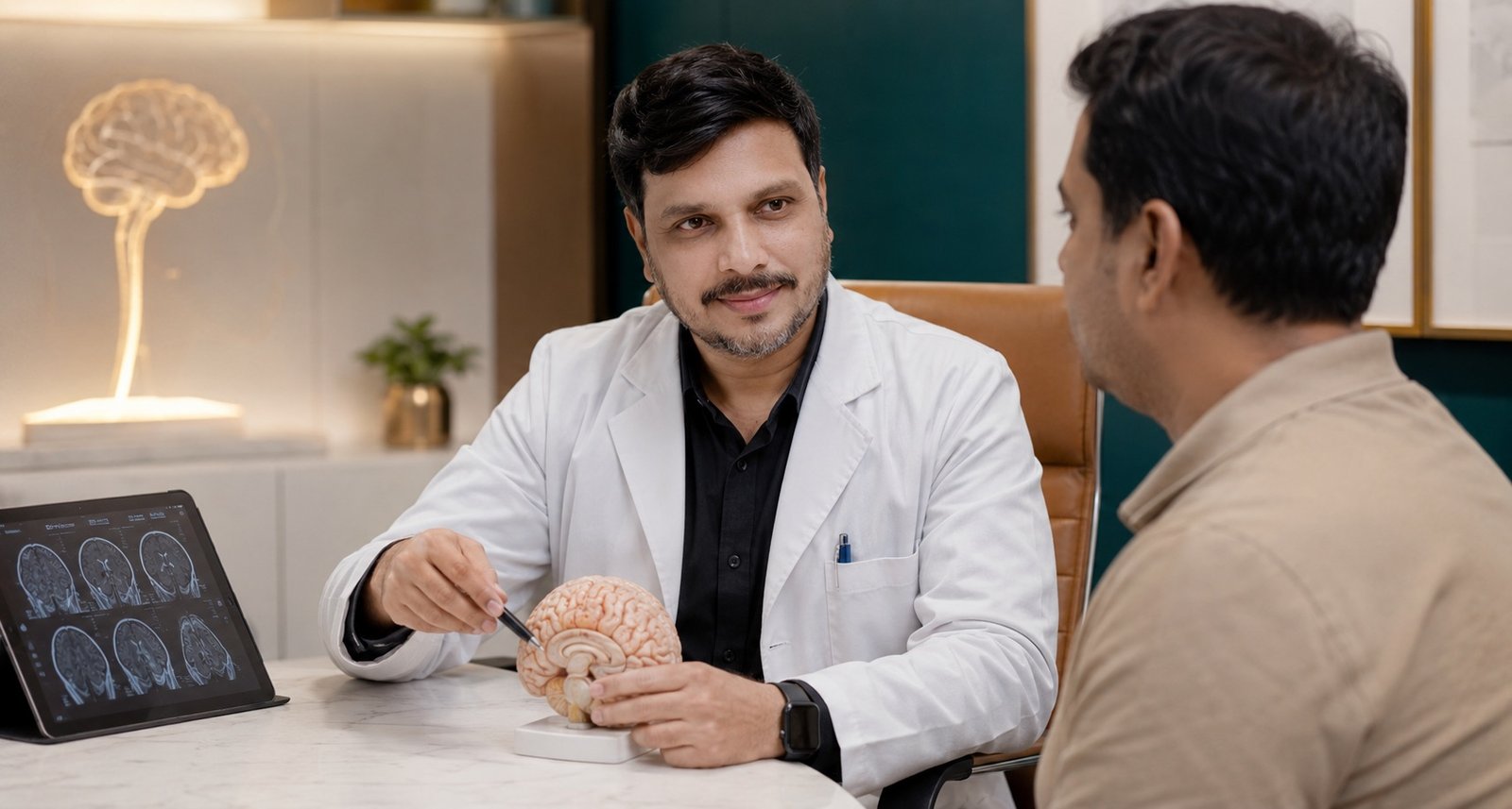 Dr. Prasanna Patankar discussing brain imaging with a patient during consultation